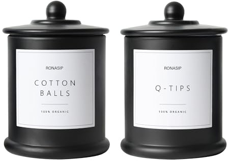 Ronasip Qtip Holder & Cotton Pad Dispenser, Bathroom Organizer and Storage Canisters, 16oz Glass Apothecary Jars for Kitchen, Restroom - Home Decor Accessories, Room Decor Aesthetic (2 Pack, Black)