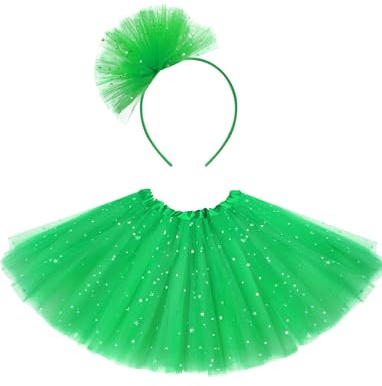 2Pcs Girls Tutu Skirt 3 Layers Sequined Tulle Skirt for Girls Aged 4-12,with Headband for Birthday Halloween Cosplay Party Supplies Green