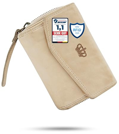 Baur Damen Geldbörse aus extra weichem Waschleder – Geldbeutel im Used-Look mit RFID-Schutz – Kleines Portemonnaie mit vielen Kartenfächern und Münzfach mit Metall-Reißverschluss (Beige)