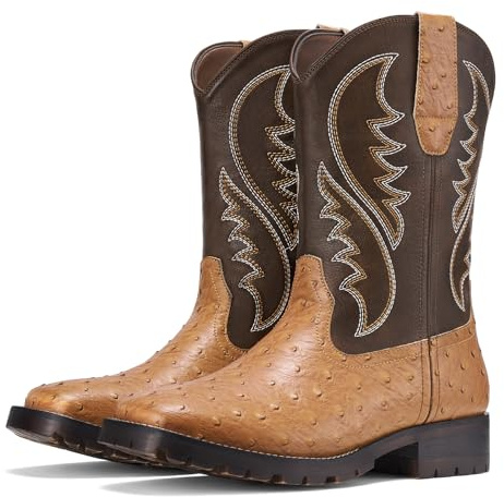Rollda Cowboy Boots for Men Western Boots Men's Square Toe Chunky Heel Mid-Calf Boots Classic Embroidered Pull On Boots Size 11