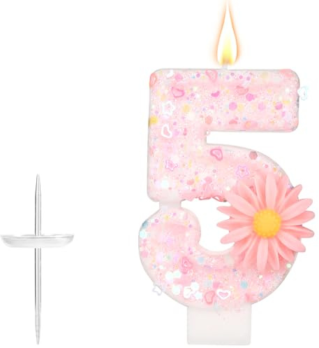 Rosa Siffror Födelsedagsljus, 7,2cm Glitter Daisyblomma Glittrande Sifferljus Tårtdekoration Dekoration Perfekt för Flickors Födelsedag Fest Babyshower och Årsdag Presenter (5)