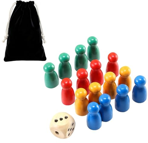 YUVKIN Set di 32 Pedine e 2 Dadi in Legno con Sacchetto per Giochi da Tavolo (25 x 12mm) (Rosso, Giallo, Blu, Verde)