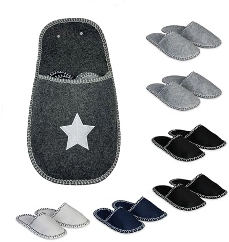 Relaxdays Pantofole da ospite 6 Paia, Pantofole, Borsa salvaspazio, Taglie 36-45, Feltro, Suola Antiscivolo, Multicolore
