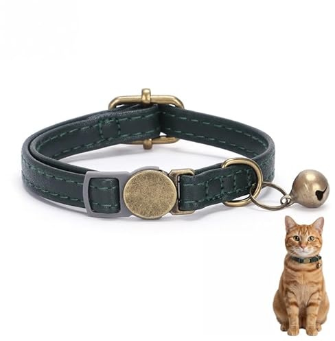 Naturgrönt katthalsband i läder med klocka – utbytbara berlocker för stil, säkerhetsbrytande halsband för katter och små hundar, justerbar och lätt design (15–35 cm)