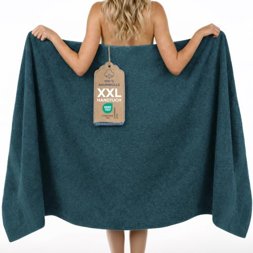 Twinzen Toalla de Baño Grande 100x200 cm – Toalla XXL de Algodón 100%, Absorbente y Suave, con Cinta para Colgar, Certificada Oeko-Tex, Azul