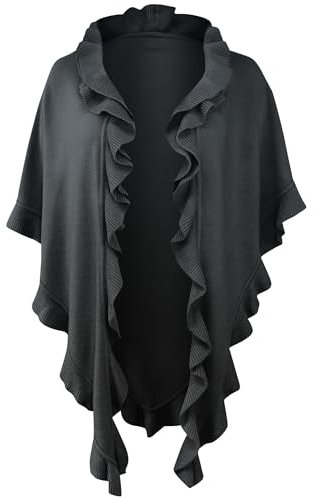 Poncho Cape Trachtentuch Umhang Stola Schultertuch Trachten-Tuch Damen Strickponcho Tracht Strick Trachtenponcho gestrickt Überwurf Volants Rüschen Schal Cashmink, Farbe:dunkelgrau