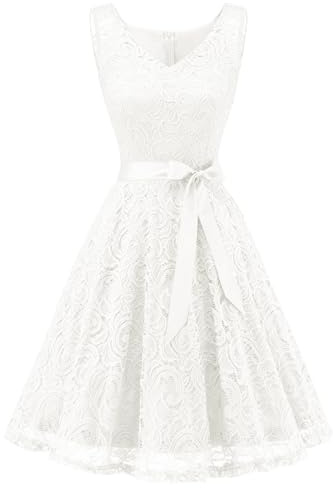 Dressystar 0010 Women Floral Lace Bridesmaid Party Dress Short Prom Dress V Neck White S