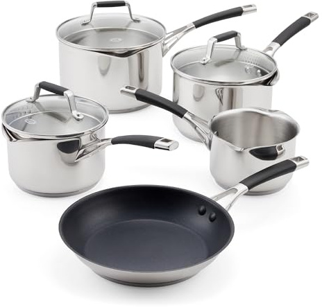 Stellar Flow 5 Piece Draining Saucepan Set - Stainless Steel Cookware Set with Draining Lids, Easy-Pour; Internal Measurement Guides – Includes 14cm Milk Pan, 3 Saucepans, 24cm Non-Stick Frying Pan