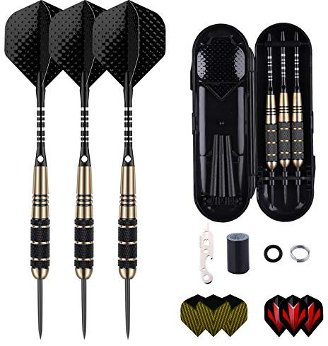 Dartpfeile mit Metallspitze, 3 Stück 24 Gramm Steeldarts, Steel Darts Pfeile mit Aluminum Schafts 9 Flights,50 Anti-Lose Gummiringe 12 Spring Rings 1 Dart Tool Sharpener