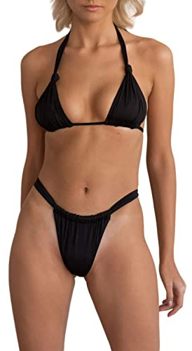 Women's Halter Triangle Bikini Set Cute Tie Knot 2 Pcs Swimsuit Ruched Cheeky Cut Thong Swimwear Beachwear Black M