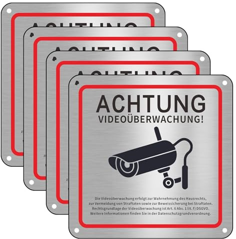 4 Stück Videoüberwachung Schild Aluminium 15x15cm für Privatgrundstück