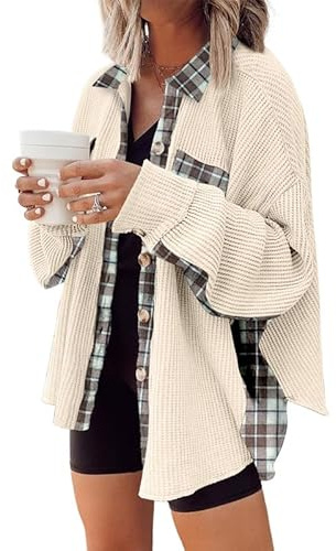 SHEWIN Womens Waffle Knit Plaid Shacket Jacket Casual Loose Batwing Long Sleeve Overiszed Button Up Shirt Boyfriend Blouses Tops Outwears Light Khaki L