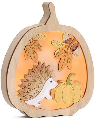 Valery Madelyn Light Up Autumn Decorations, LED Table Ornaments with Hedgehog, Pumpkin and Strobile, Wooden Autumn Lights for Harvest Halloween Fall Home Decor,15.4x12.5cm