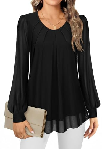 Gemulate Ladies Evening Tops Womens Tops Black Shirt Womens Chiffon Blouses Women UK Plus Size Long Top for Women Floral Top Shirt - Black, XXL