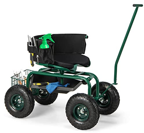 GOPLUS Rollsitz Garten, 360° drehbarer Gartensitz mit Griff, Rückenlehne & Sitzkissen, Gartenhocker mit Ablage, Korb & Werkzeugtasche, Sitz höhenverstellbar, bis 150kg, Gartenwagen für Gartenarbeit