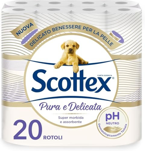 Scottex Carta Igienica Pura e Delicata, Morbida e Assorbente, 5 Veli, PH Neutro, Dermatologicamente Testata, 20 Pz