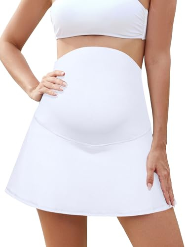 SHEKINI Maternità Gonne increspate vita alta Gonna sportiva sopra la pancia gonne pantaloncini interni, bianco, S