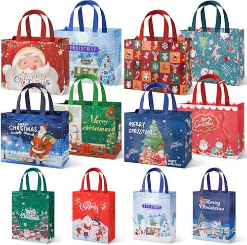 12 Stück Geschenktüten Weihnachten Groß, Non Woven Weihnachtstaschen Weihnachtstüten Geschenktaschen mit Griffen, Weihnachtsgeschenktüten, Weihnachts Geschenktüten