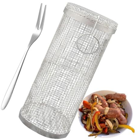 Cestino per barbecue – cestino per barbecue in acciaio inox con forchetta | cestino per barbecue a cilindro, griglia rotonda per verdure, griglia portatile da campeggio, rete rotonda