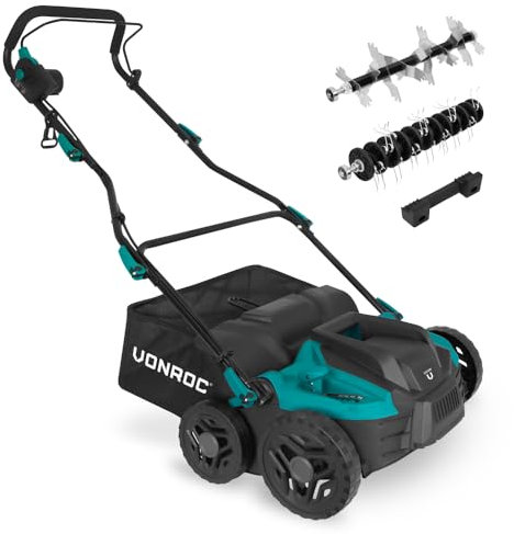 VONROC Vertikutierer Elektro - Rasenbelüfter 1500W - Einstellbare Schnitttiefe, Klappbar, 36CM inklusive 45 Liter Fangkorb