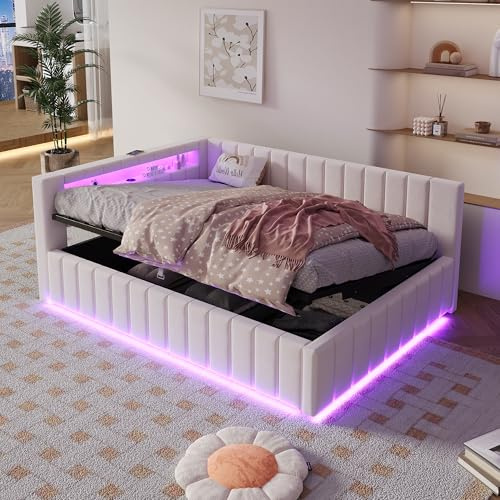 Oxtao Letto imbottito divano letto 140x200, letto matrimoniale con vano contenitore idraulico, con luce LED e funzione di ricarica USB, divano letto letto per giovani con rete a doghe, tessuto di
