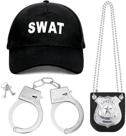 Meleager 3 Stück SWAT Kostüm Accessoires mit Polizeimütze, Halskette mit Polizeiabzeichen, Spielzeug Handschellen Metall für Karneval, Mottoparty, JGA