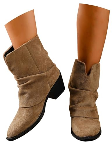 LDXEQIZ Women's Western Cowboy Boots For Concert Retro Ankle Boots With Pointed Toe Casual Large Size Ankle Shoes With Block Heel 2025 Suede Wide Shaft Slip-on Shoes(Beige,6 UK)