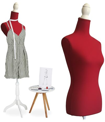Manichino da sarta Relaxdays, Femminile, Taglia 36/38, Regolabile in Altezza 160–175 cm, con Base in Legno, Rosso