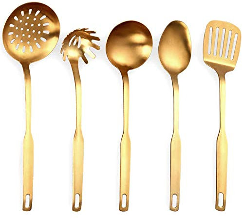 Dciustfhe Ustensiles de cuisine en acier inoxydable - 5 pièces - Louche - Set d'outils de cuisine - Doré