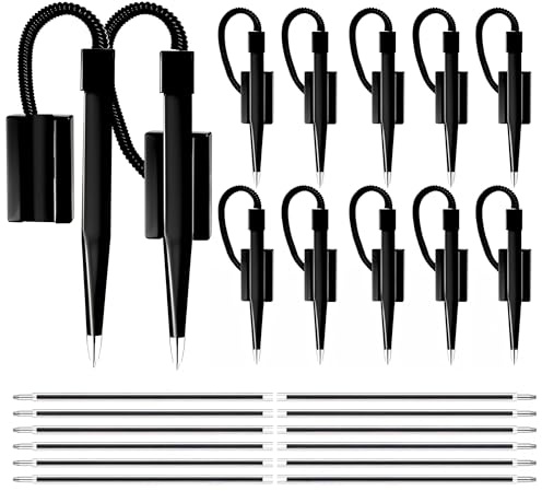 Performore 12 Pack of 5 inch Secure Counter Pens, Black with Plastic Secure Cord Attached To Adhesive Back Base Pen Holder, Reception Pen Includes 12 Refills for Home Workplace School Office