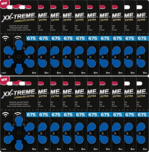 XX-Treme Longlife Extra Hörgerätebatterien Typ 675-120 Stück Hörgeräte Batterien konzipiert für höchste Leistung - Pack mit 20 Blistern à 6 Hörgerätebatterien – PR44 Farbcode blau 1,45 Volt