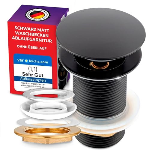 M. ROSENFELD HOME Waschbecken Ablaufgarnitur OHNE Überlauf Schwarz Matt - Ablaufventil Pop Up 1¼’’ aus Edelstahl & Messing für Waschtisch - Abflussgarnitur Waschbecken Pop-Up Ventil - Einfacher Einbau