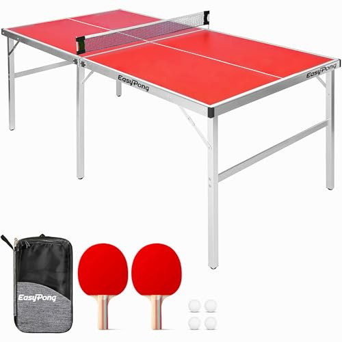Original Cup EasyPong | Mesa de Ping Pong Rojo | 182x91cm Fácil de Transportar | Estable | Ideal para Exterior e Interior | 2 Raquetas + 4 Pelotas | Tenis de Mesa | 100% diversión