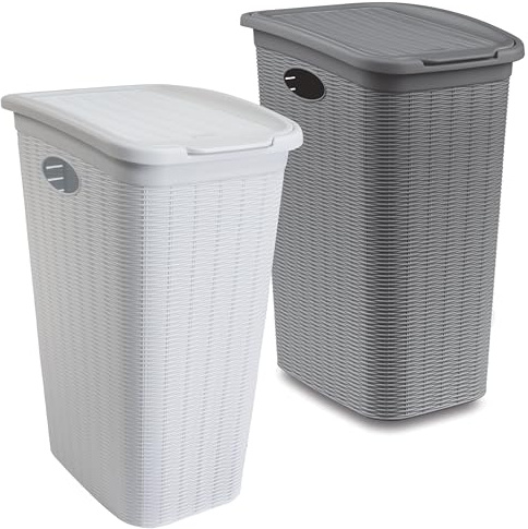 Lot de 2 paniers à linge étroits de 36 l - Aspect rotin avec couvercle - Avec trous - 39 x 29 x 54 cm - Panier à linge ménager - En plastique