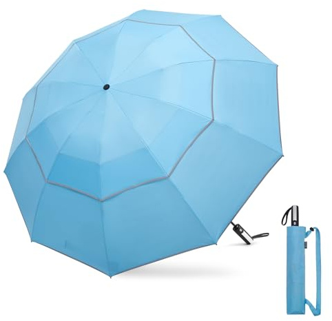 G4Free Grand parapluie inversé coupe-vent avec bande réfléchissante, 137 cm, grand parapluie de golf inversé compact pour pluie, 10 baleines, double auvent, ouverture automatique (bleu ciel)