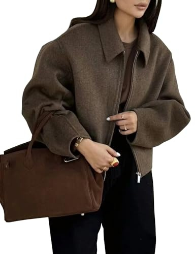 BQDCQB Bomber corto da donna in lana con cerniera corta cappotto oversize invernale in lana con tasche, Marrone, Small