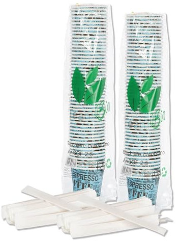 Lot de 200 gobelets en carton pour expresso, avec bâtonnets en bouleau pour mélanger, 75 ml, (Bleu clair)