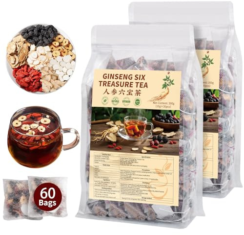Kidney Tea Formula Ginseng Six Treasure Tea - Natural Chinese Traditional Herbal Ginseng Five Treasures Kidney Detox Cleanse Teabag For Men Women (60 Bags/2 Pack)