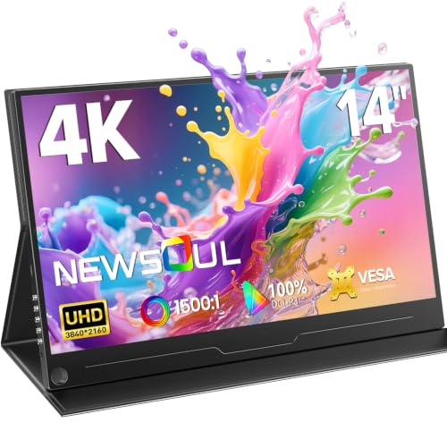 Newsoul Ecran Portable 4K 14 Pouces, 3840 x 2160 UHD Moniteur Portable de Jeu Eye Care, QLED écran Portable 1500:1 avec Ports HDMI et 2 Type-C pour Ordinateur Portable/PC/PS5/4/Xbox