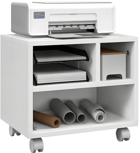 HOMCOM Mueble de Impresora con Ruedas Soporte de Impresora con Compartimentos Abiertos para Oficina Estudio 40x30x36 cm Blanco