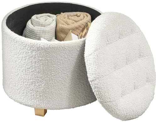HOMCOM Pouf Coffre Rangement, Tabouret Rond, Pouf Repose-Pieds en Tissu Bouclette, pour la Chambre à Coucher, entrée, Salon, Charge 120 Kg, Ø 45 x 41 cm, Blanc