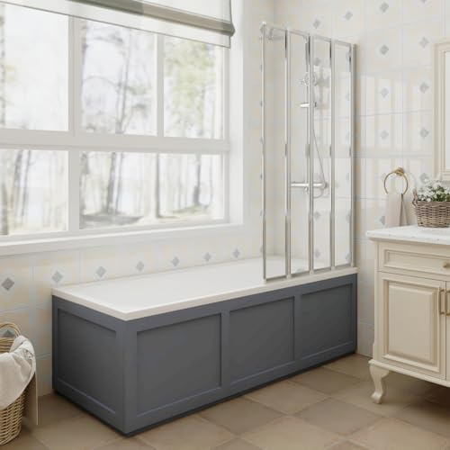 Aquariss 1700x700mm Bathroom Square Shower Bath Acrylic Straight Single Ended Soaking Bathtub Adjustable Feet + Matt Grey Traditional Front Bath Panel + 850x1400mm Chrome 4 Folding Panel Bath Screen