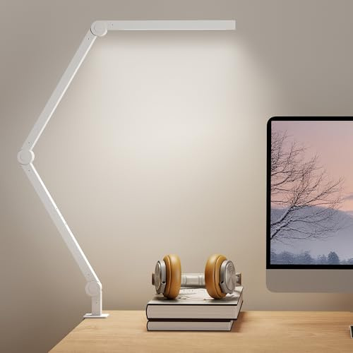 HOMCOM LED Desk Lamp, Dimmable Desk Light with Swing Arm and Clamp, Adjustable Eye-Caring Table Lamp with 2 Colour Modes & 5 Brightness Levels for Study, Drawing, Office, Architect, Task, White