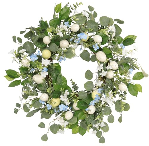 Quixem 20 Inch Easter Wreath for Front Door, Spring Eucalyptus Wreath with Blue Wildflowers & Cream Speckled Eggs, Farmhouse Summer Holiday Decor