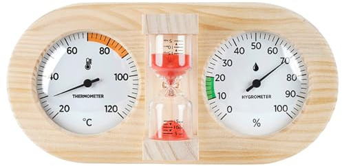 Sauna Thermometer and Hygrometer, 3-in-1 Wooden Sauna Accessories Gauge with 15-Minute Sand Timer, Mechanical Pine Wall Mount for Room Monitoring, Red.