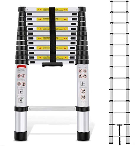 Nestling Échelle Télescopique 3,8M en Aluminium Bricolage Pliable Extensible Unique Droite Multi-Fonction Ladder Charge 150kg