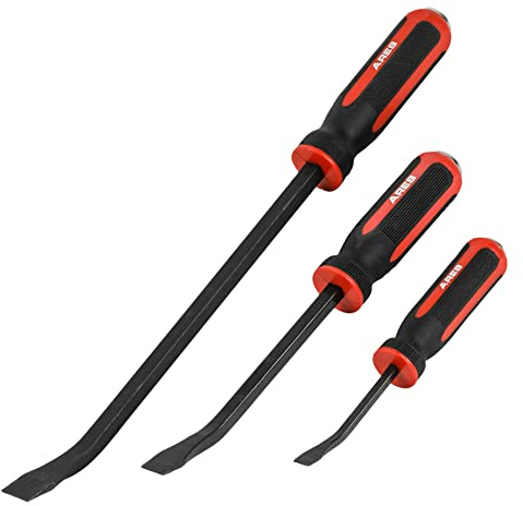 ARES 46008-3-Piece Pry Bar Set - 8-Inch, 12-Inch, and 17.5-Inch Pry Bars - Angled Tip for Lifting and Prying - Comfortable Non-Slip Double Injection Handle - Heavy Duty Striking End Cap