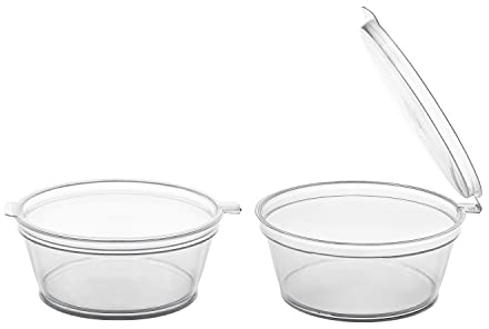 Party Essentials Leak Proof Plastic Condiment Souffle Containers with Attached Airtight Portion Cup with Hinged Lid for Sauces, Samples, Slime, Jello Shot, Storage, Craft, 100 Sets, 2 oz, Clear