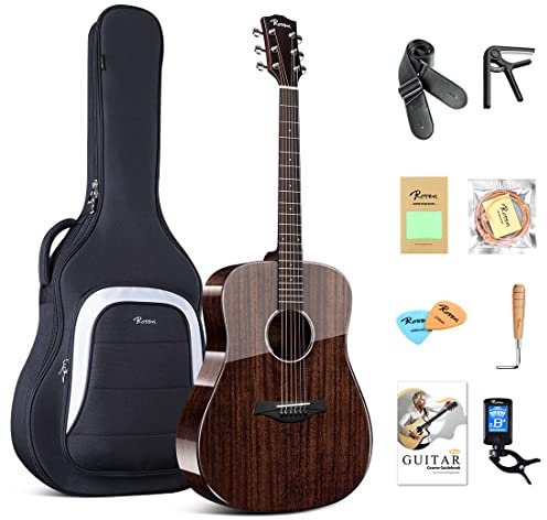 Rosen G31 Dreadnought Akustikgitarre Black Solid Mahagoni Top 41 Zoll Guitarra Full Size mit Gloss Finish Bundle Starter Kit mit Gig Bag, Stimmgerät, Saiten, Gurt und Plektren