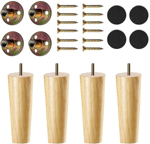 YouYuer Holzmöbelbeine,4 Stück Massivholz Möbelfüße Holz Möbelbeine Holz Rund Tischbeine Schrankbeine Mit Montageplattes,Schraubens Und Leise Gummipads Für Sofa,TV,Schrank,Bett Und Tisc (15cm)